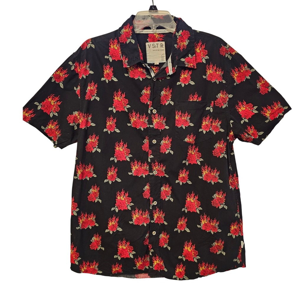 VSTR Premium‎ Mens XL Black Flaming Rose Print Short Sleeve Button Down Shirt